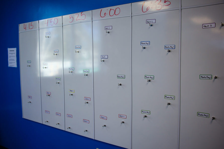 Our check-in board is located on the side of the wall in the swimmer waiting room. This will list all the classes, students, and hold the student color / number cards to guide them to their instructor.