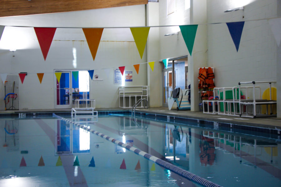 View of the shallow end of our pool, the entrance door, and the exit door for classes.